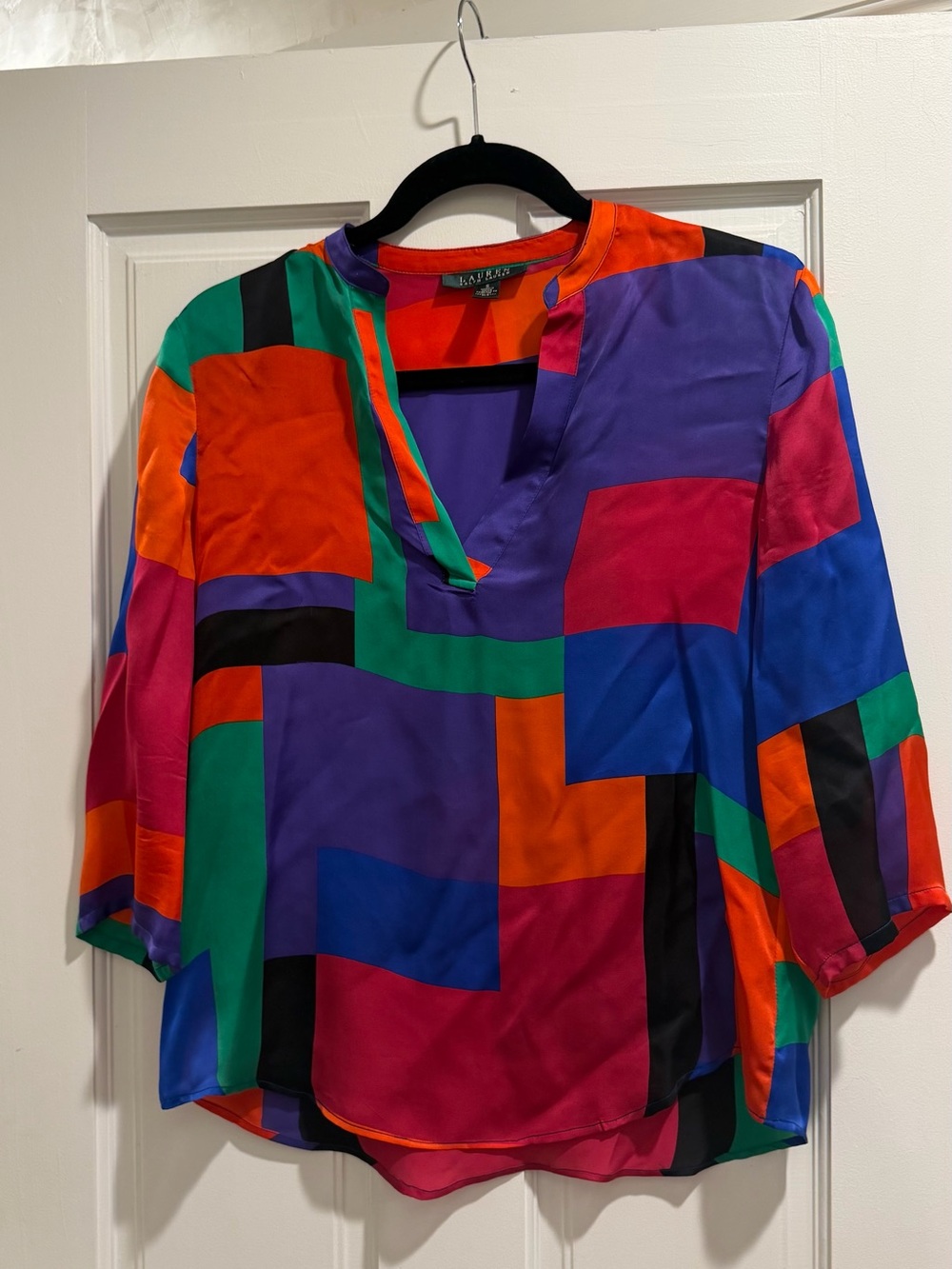 Tahari Multicolor Geometric Silk Blend Blouse - Purple/Green/Red